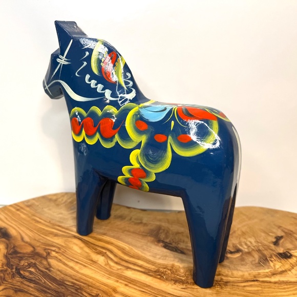 Nils Olsson Blue Dala Wood Swedish Horse 7” Inch Carved Hand Painted Vintage - Picture 6 of 16